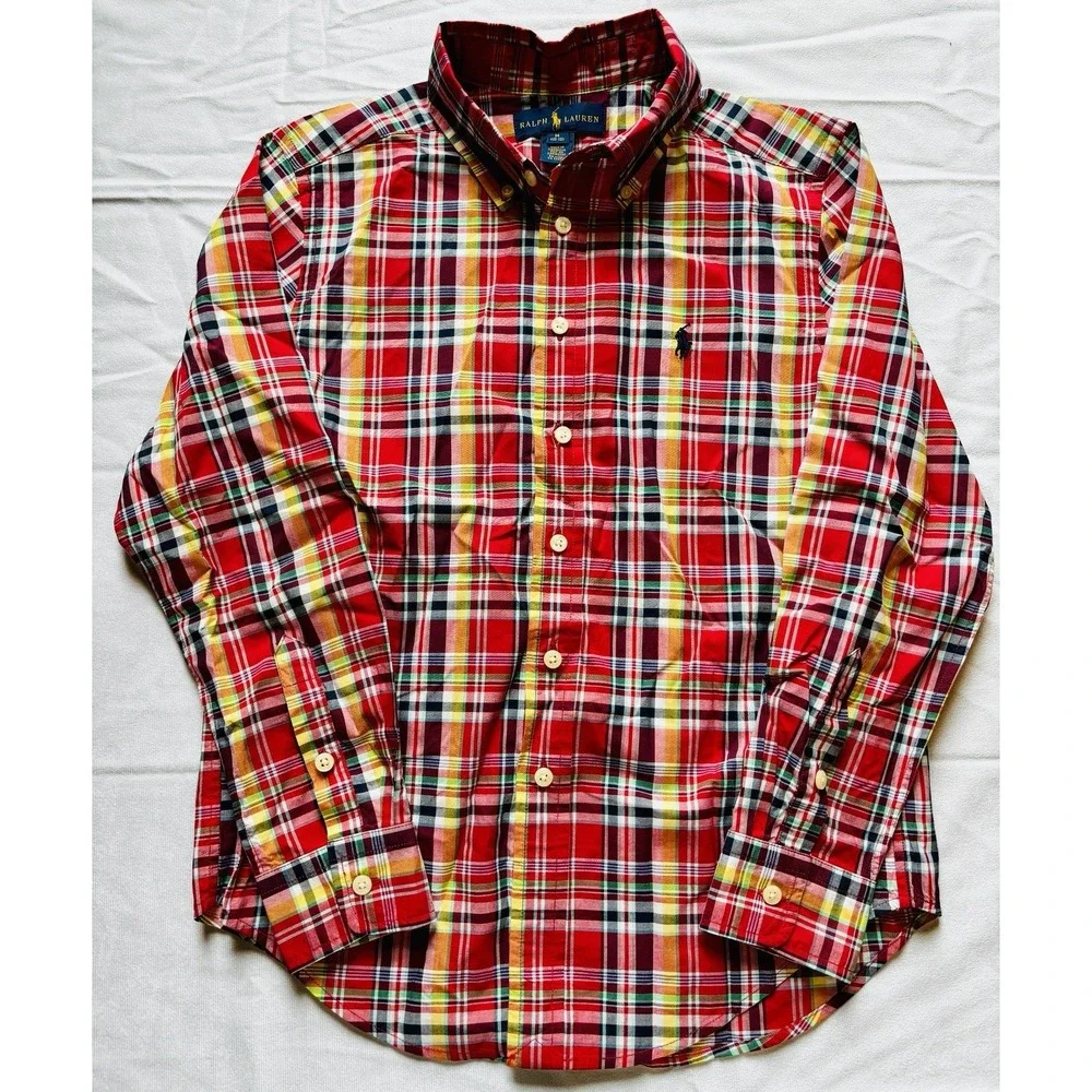 Boy's Ralph Lauren Medium 10/12 Red Yellow Navy Black Plaid Long Sleeve‎ Shirt